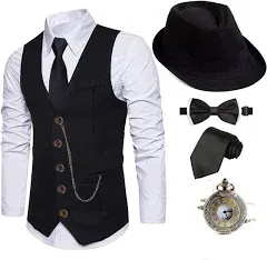 EFORLED 1920s Mens Costume Fedora Hat,Gatsby Gangster Vest,Vintage Pocket Watch,Pre Tied Bow Tie,Tie