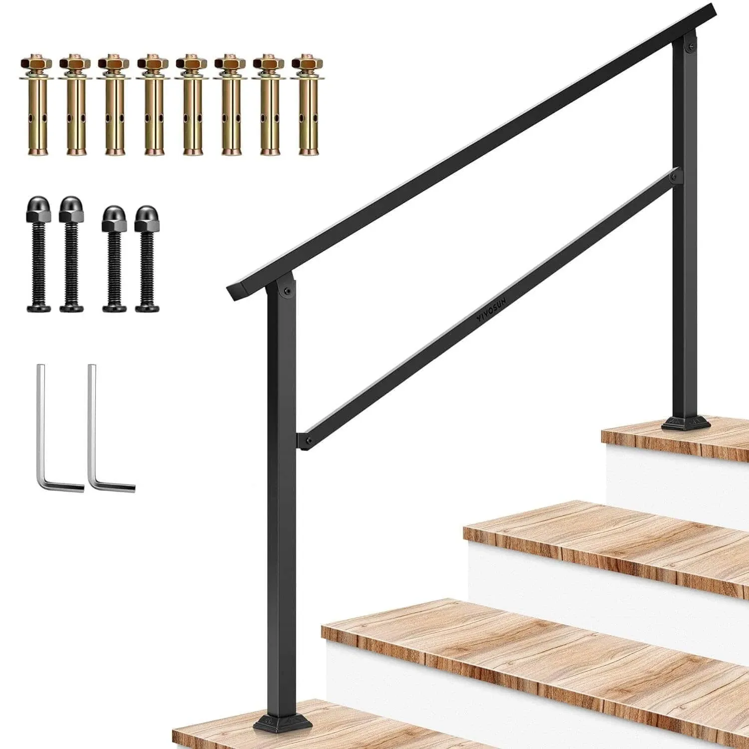 VIVOSUN Outdoor 4 Step Stair Handrail, Wrought Mattle Iron Handrail for Concrete Steps, Porch Steps, Black, 54" x 36" Fits 1 to 4 Steps