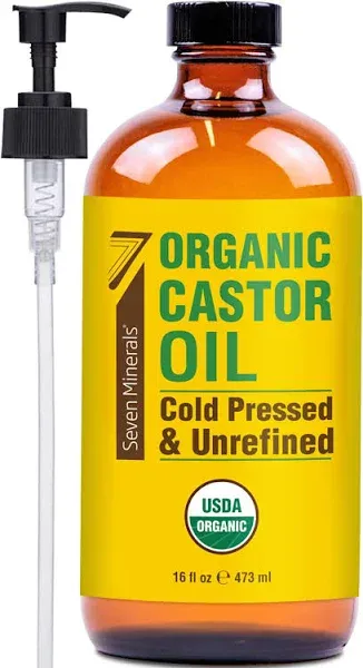 Seven Minerals NEW 16 fl oz Glass Bottle Castor Oil Organic Cold Pressed Unrefined Glass Bottle Pack - 100% Pure USDA Certified Organic Hexane Free