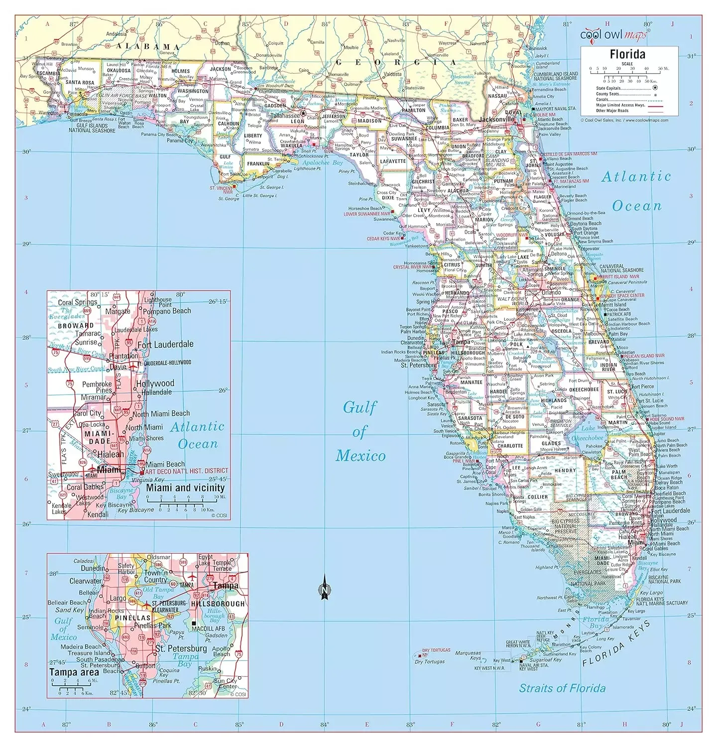 Cool Owl Maps Florida State Wall Map Poster Rolled (Laminated 24&#034;Wx25&#034;H)