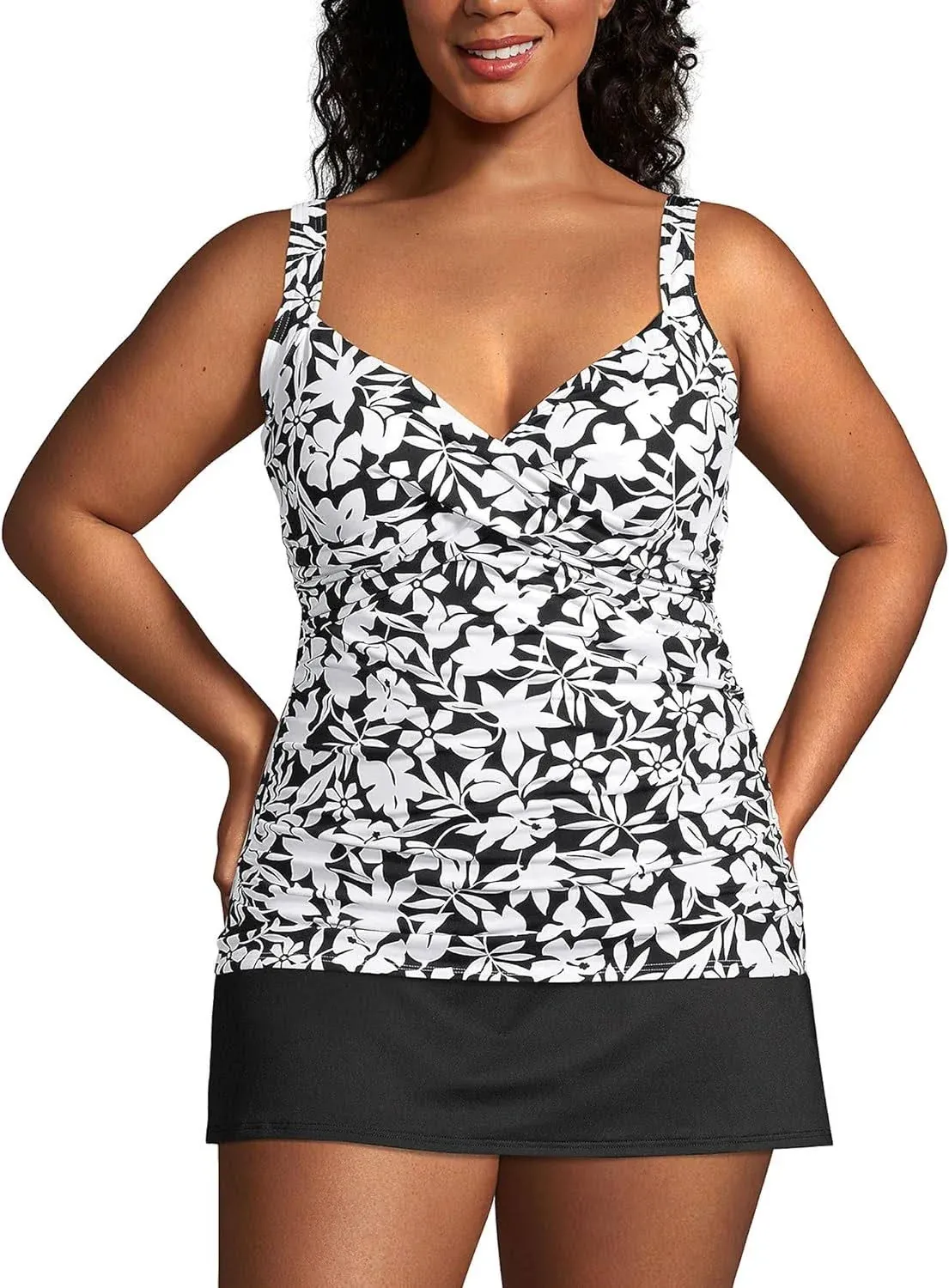 Lands' End Women's V-Neck Wrap Underwire Tankini Swimsuit Top - 12 - Black Havana Floral