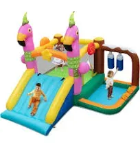 Costway Flamingo-Themed Bounce Castle 7-in-1 Kids Inflatable Jumping House