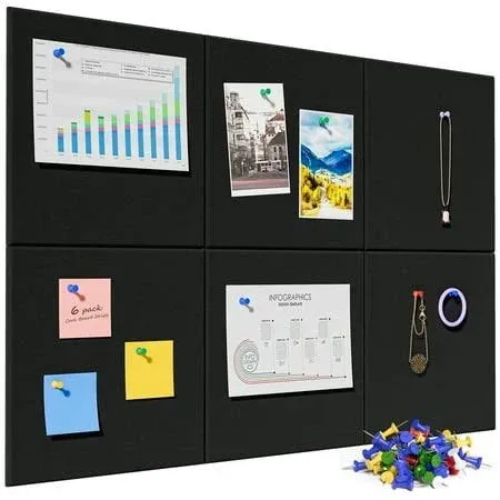 MaxGear Large Cork Board for Wall 36 inch x 24 inch, Black Bulletin Board, 6 Pack Felt Wall Tiles with Pushpins, Size: 36 x 24