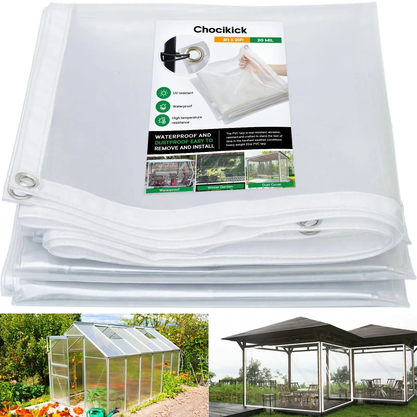 Chocikick 8 x 20 ft Outdoor Clear Tarp Curtain Waterproof 20 mil, Wind-proof Transparent Anti-Tear PVC Thick Cover with Grommets, Vinyl Tarp for Patio