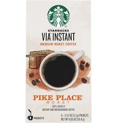 Starbucks VIA Instant Pike Place Roast 100% Arabica Medium Roast Coffee Packet Box 8 Count - Each