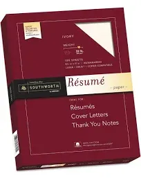 Southworth 100% Cotton Resume Paper, 32 lb, 8.5 x 11, Ivory, 100/Pack