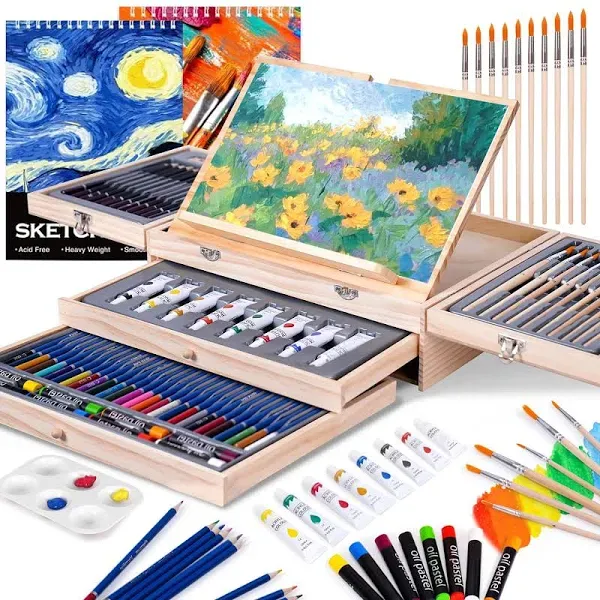 Art Set 85 Piece with Built-in Wooden Easel, 2 Drawing Pad, Art Suppli