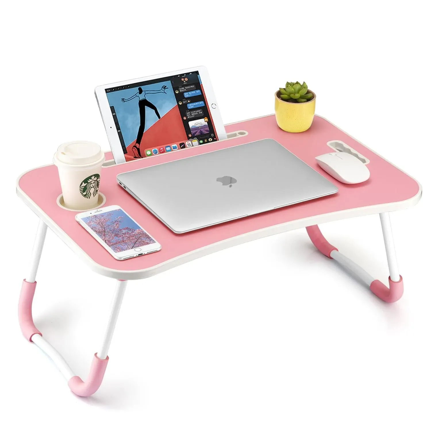 Foldable Laptop Table, Portable Lap Desk Bed Table Tray, Laptop Stand with Cup Holder & Tablet Slot & Lifting Handle for Working Writing Drawing & Eating (Pink)