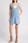 Solid Color Sleeveless V-neck Pocket Adjustable Denim Suspender Mini Dress