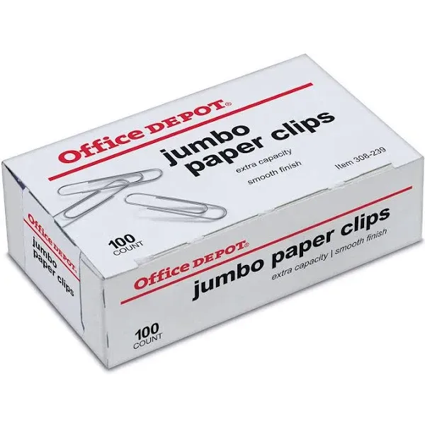 Office Depot Brand Paper Clips, Jumbo, Silver, Box of 100 Clips, 10004BX