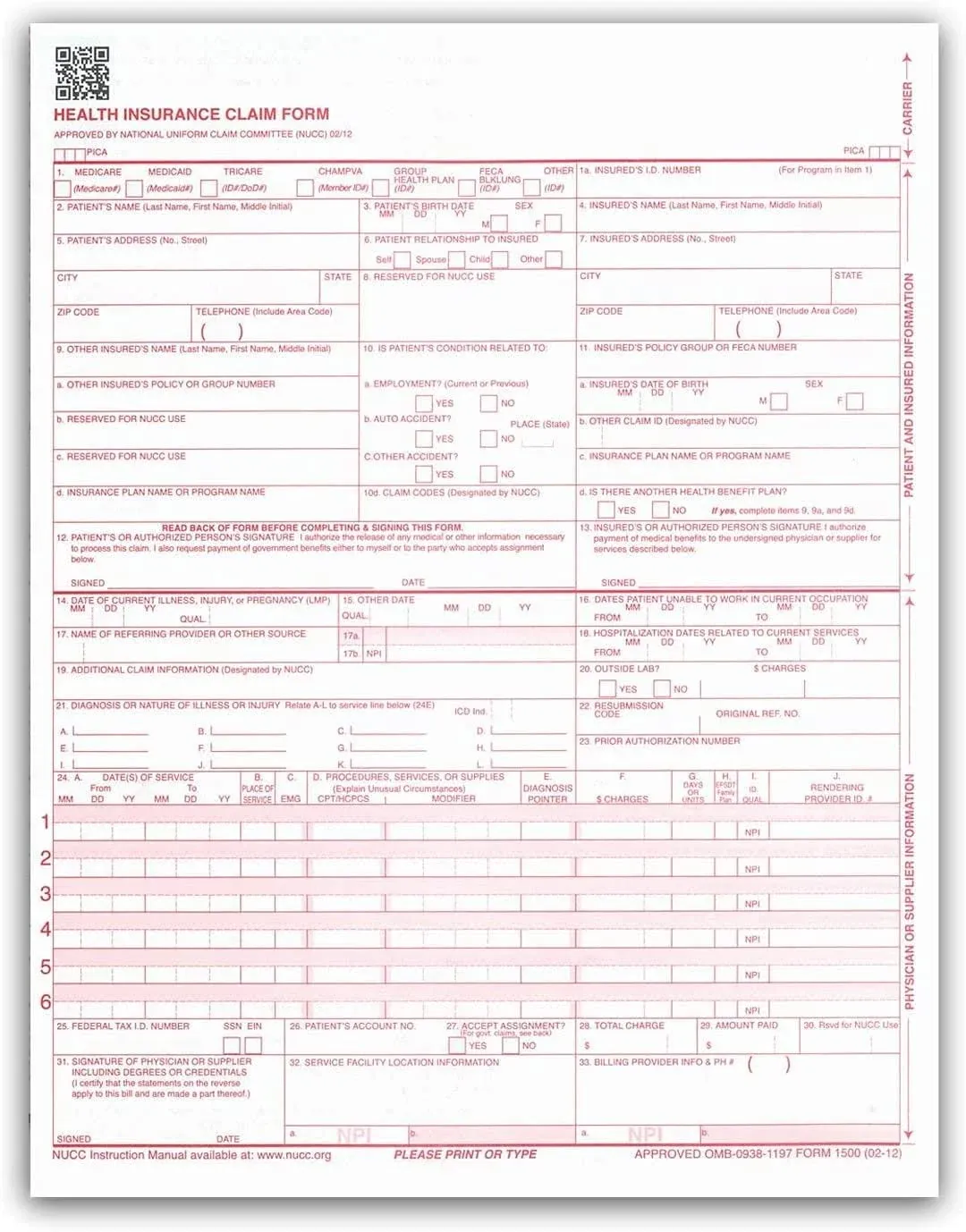 Aimoh SecurityDocs 500 CMS-1500 Health Insurance Claim Forms, Laser/Inkjet Compatible (HCFA Form 1500 Version 02-12) 8.5x11, 500 Forms (59211)