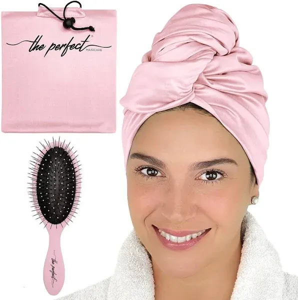 THE PERFECT HAIRCARE Microfiber Curly Hair Towel Wrap with Wet/Dry Brush - Fast Drying and Gentle Detangling for Women, Girls, Kids, Children - Great for Travel, Gifts and Hair Extensions