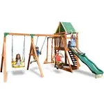 Sportspower Olympia Wood Swing Set with 3 Swings, Slide, and Monkey Bars, Natural/Green