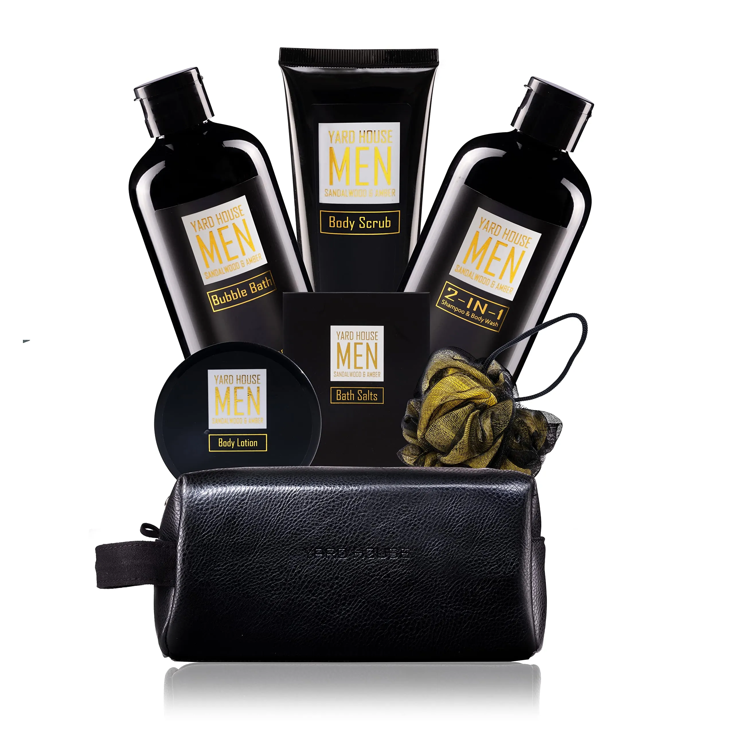 Bath and Body Spa Gift Baskets Set for Men - Sandalwood Amber - 7Pc Spa Kit w. 