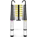 Telescopic Ladder, Soctone 15.5ft Aluminum Lightweight Telescopic Ladder with Hooks, 330lb Load Capacity, Collapsible Telescopic Ladder，rv ladder, Silver