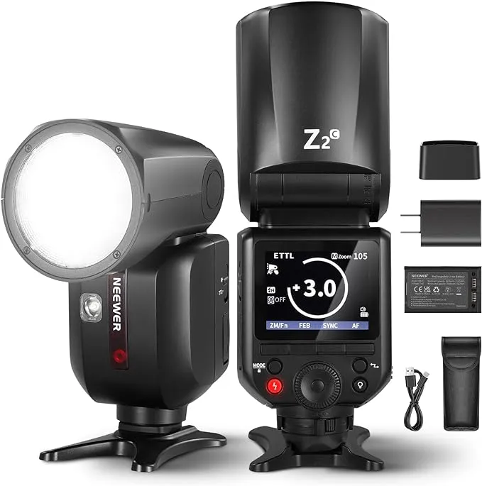 NEEWER Z2-C 2.4G TTL Round Head Flash Speedlite for Canon, Upgraded UI, 2 Adjustable Modeling Lamps, TTL/M Quick Switch TCM Key, 76Ws Speedlight 1/8000s HSS 7.4V/2600mAh Battery 480 Full Power Flash