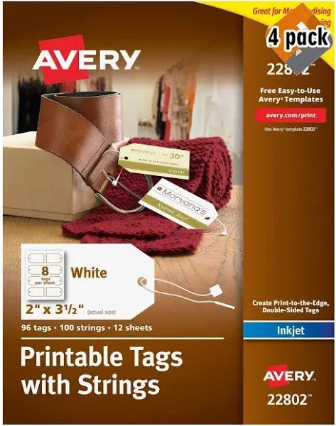 Avery Blank Price, Gift & Merchandise Printable Tag, 2-inch x 3-1/2-inch, White, 8 Tags/Sheet, 12 Sheets/Pack, 96 Tags/Pack (22802)