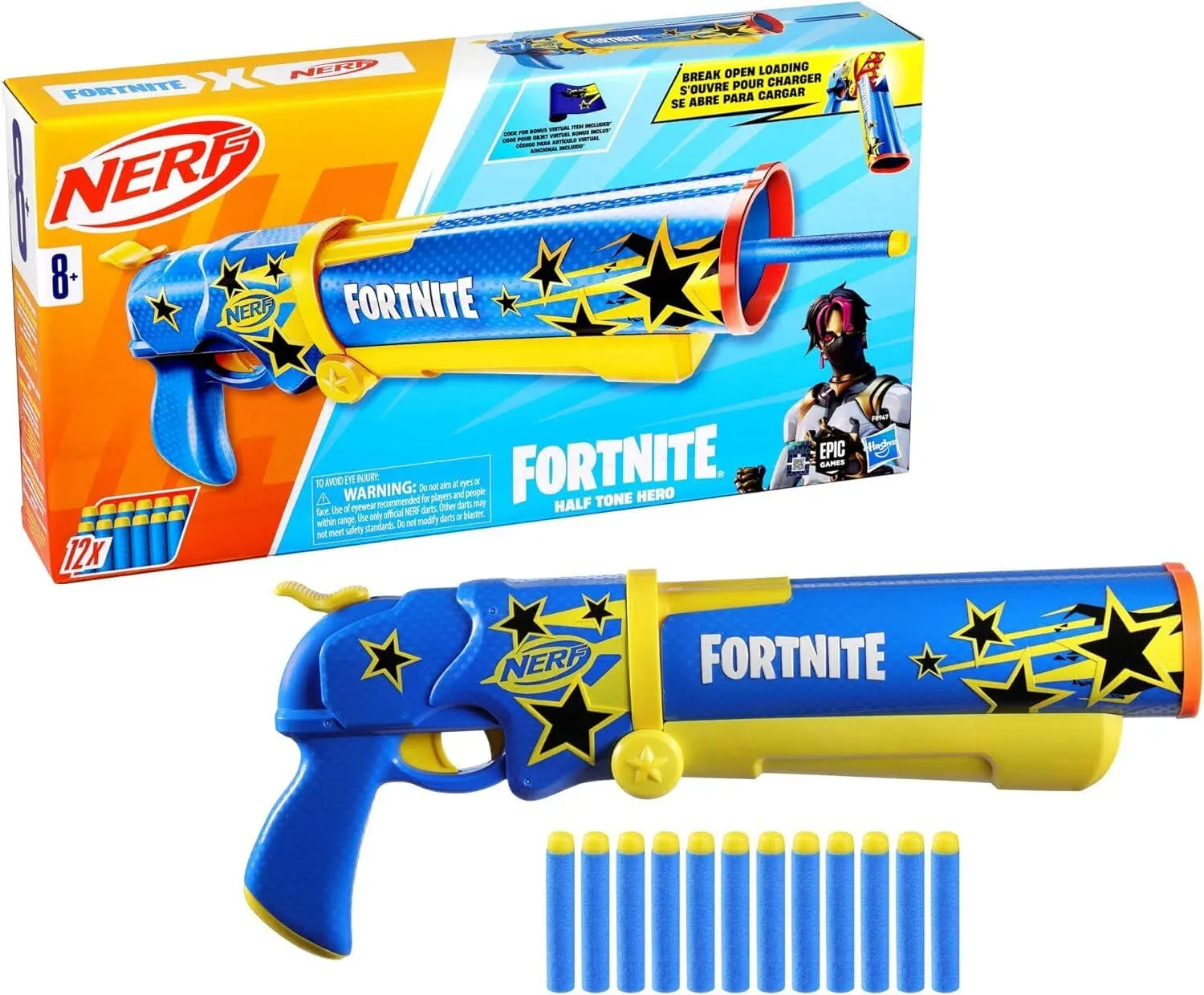 Nerf Fortnite Half Tone Hero Blaster, Bonus Code to Unlock Half Tone Hero Wrap in The Game, Break Open Loading, 12 Nerf Elite Darts, Fortnite Gifts (Amazon Exclusive)