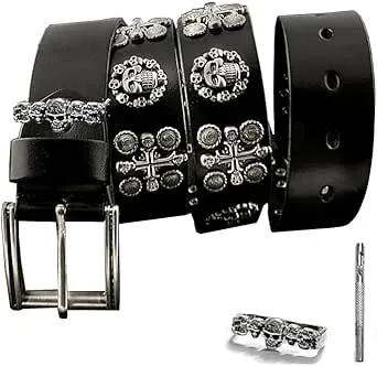 vogueteen Men's Punk Genuine Leather Belts Biker Rock Skull Cross Black Waist Strap belt