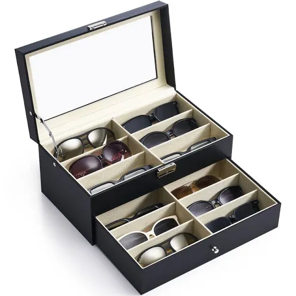 Leatherette Sunglasses Storage Box Eyeglasses Eyewear Organizer Display Case with Lock(12 Compartments), Size: One Size