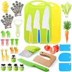 IELEK Kids Knife Set for Real Cooking Toddler Kitchen Tools Include 4 Serrated Edges Plastic Safe Knives,Crinkle Cutter Y Peeler Cutting Boards Wood