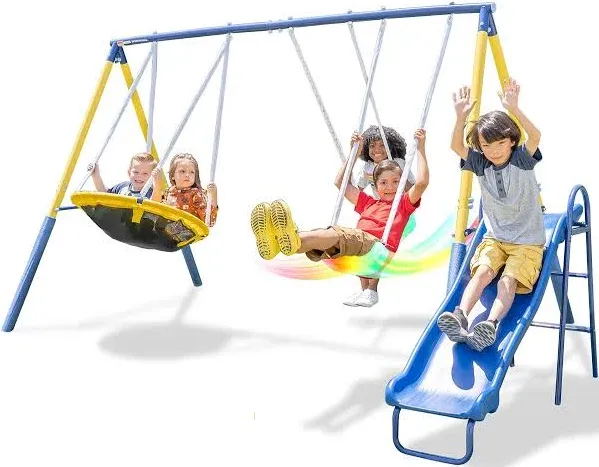 Sportspower Starlight Metal Swing Set with LED Swings, Saucer Swing, 5ft Slide and Bonus 4pc Anchor Kit