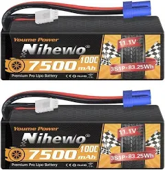 3S Lipo Battery, 2Packs RC Battery 11.1V 7500mAh 100C 3S Lipo Hard Case EC5 C...