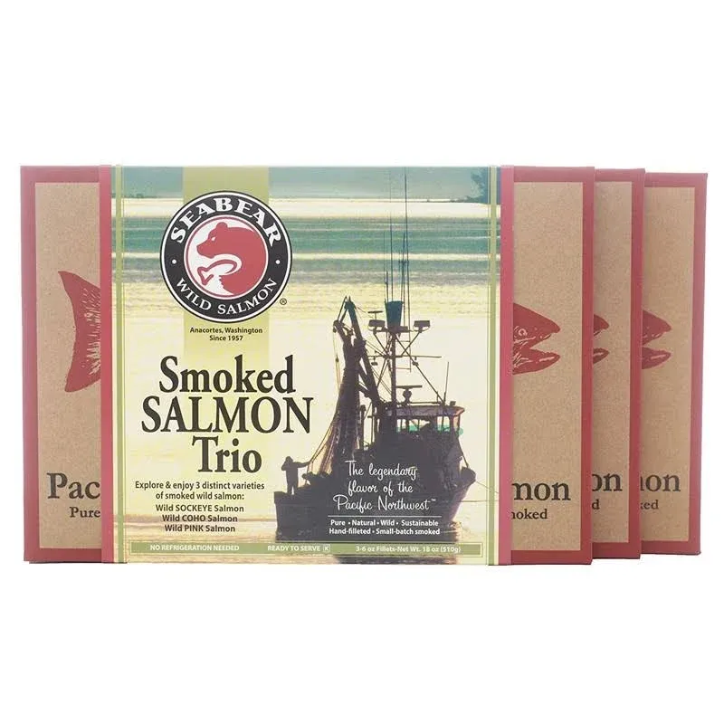 SeaBear - Premium Wild Alaskan Smoked Sockeye, Coho, and Pink Salmon Trio - 18oz Box - 4 Pack