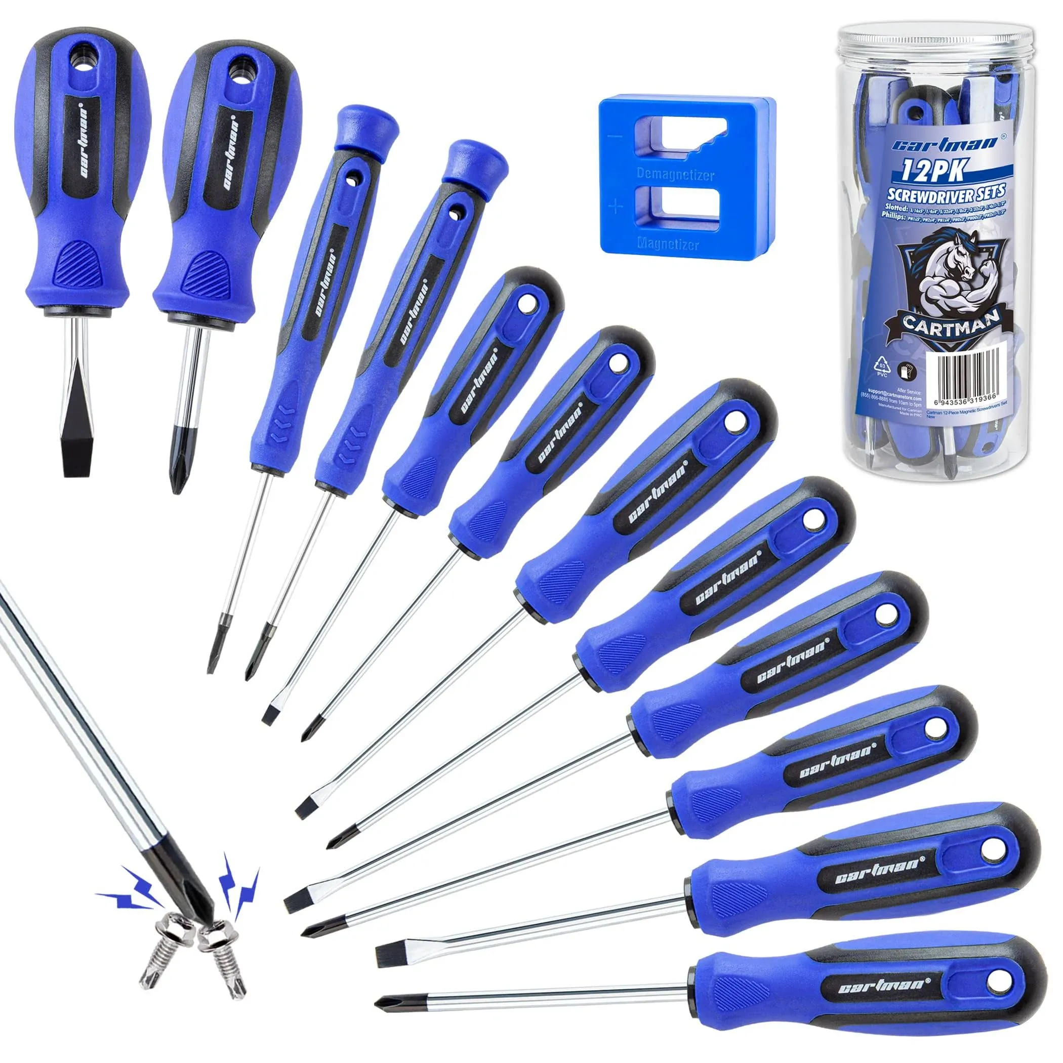 12 Piece Magnetic Screwdriver Set - 6 Phillips and 6 Flat, Professional Cushion 