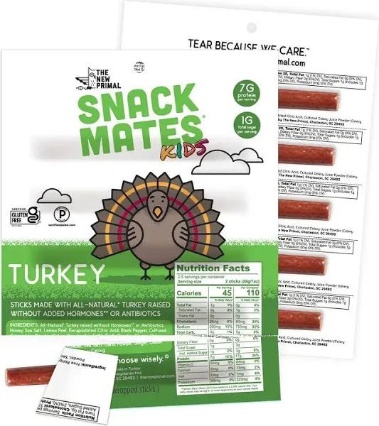 Snack Mates by The New Primal, Turkey Stick, All-Natural Turkey, High Protein and Low Sugar Kids Snack, Certified Paleo, Certified Gluten-Free, Lunchbox Friendly, 0.5 oz, Pack of 5