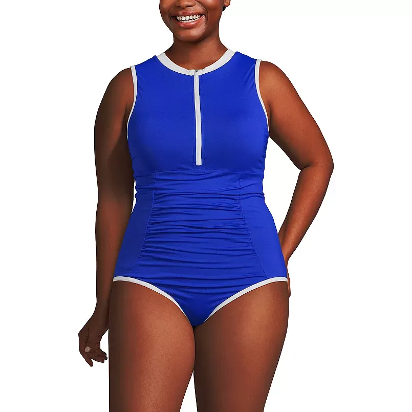 Plus Size Lands' End Chlorine Resistant High Neck Zip Front One-Piece Swimsuit