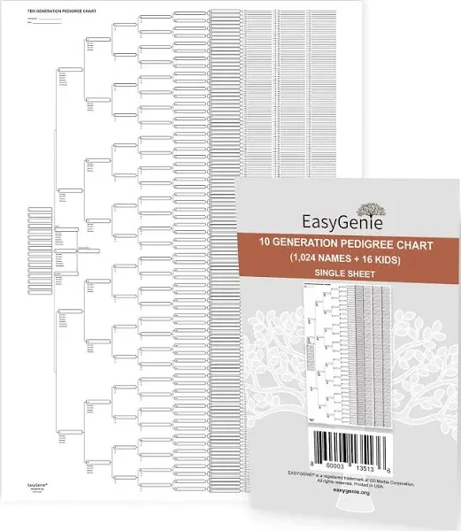 10 Generation Blank Pedigree Charts Plus Kids (Single Sheet) | Archival Quali...