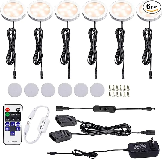 AIBOO 12V LED Under Cabinet Lights Kit 6 Pack Black Cord Aluminum Puck Lights for Kitchen Counter Closet Lighting with Wireless Dimmable RF Remote Control 6 Lights 12W (2700K Warm White)