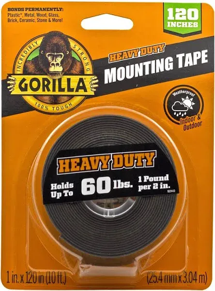 Gorilla - Heavy Duty Double Sided Mounting Tape; Weatherproof; 1" x 60"; Black; (Pack of 8)