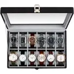 Guka Watch Box, 12 Slot Watch Case with Large Real Glass Lid, Watch Organizer with Removable Watch Pillow, Black Synthetic Leather Watch Display,