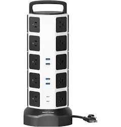 Power Strip Tower Surge Protector 1050J, JACKYLED 20 AC Outlets 6 USB Ports, 3000W 13A Desktop Electrical Charging Station, 6.5ft Heavy Duty Extension