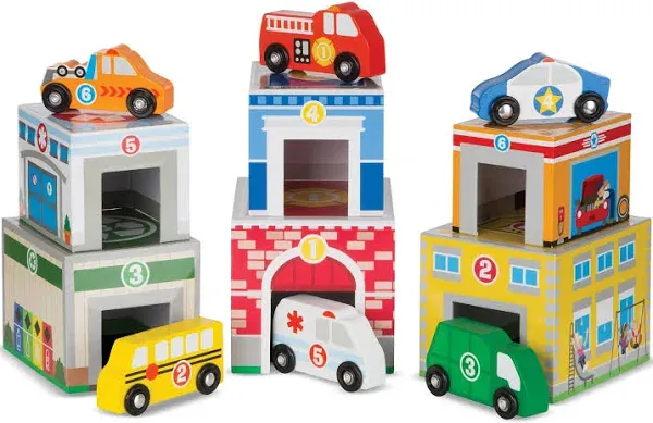 Melissa & Doug Nesting and Sorting Blocks - 6 Buildings, 6 Wooden Vehicles - FSC Certified