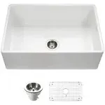 Houzer Platus 33 inch White Fireclay Apron Front Farmhouse Kitchen Sink with Strainer & Grid - PTG-4300 WH-C