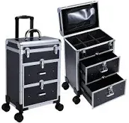 Adazzo Professional Rolling Makeup Train Case with Drawers Large Cosmetic Trolley with Locks