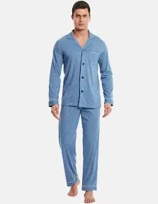 DAVID ARCHY Mens Pajamas Set Soft Cotton Notched Collar Pajamas for Men Long Sleeve Mens Sleepwear with Pockets & Front Fly