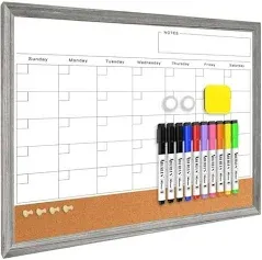 Monthly Whiteboard Calendar & Corkboard for Wall, Magnetic 17"x13" Dry Erase Board with Gray Wood Framed, 2in1 White Board Cork Board Combo, Calendar Bulletin Board for Kitchen Planner Memo Office