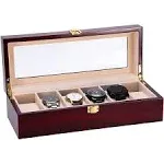 Uten Watch Box, 6 Slot Watch Case, Watch Holder with Glass Lid, Wooden Watch Case with Removable Watch Pillow, Metal Clasp Watch Display., brown,peach,clear