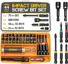 Hi-spec 44 Piece 1/4â Hex Shank Impact Driver Screw Bit Set. S2 Steel Screwdriving for Drill Drivers