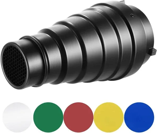 Neewer Medium Aluminium Alloy Conical Snoot Kit with Honeycomb Grid and 5 Pieces Color Gel Filters for Bowens Mount Studio Strobe Monolight Photograph