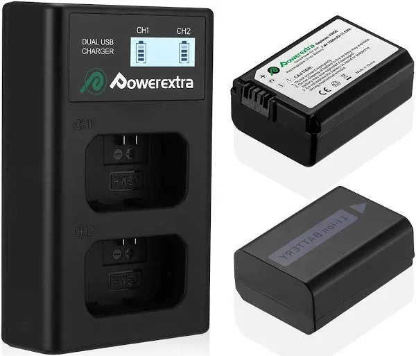 Powerextra NP-FW50 Battery and 3 Channel Charger LCD Display Compatible with Sony ZV-E10 A6000 A6500 A6300 A7 A7II A7SII A7S A7S2 A7R A7R2 A7RII A55 A510 RX10 RX10II Camera