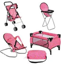 fash N kolor 4 Piece Doll Play Set Includes 1 Pack N Play. 2 Doll Stroller 3.Doll High Chair. 4.Infant Seat