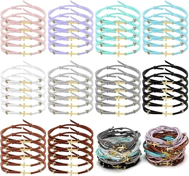 Junkin 50 Pcs Cross Bracelet for Women and Men Friendship Handmade Adjustable Strings Charm Rope Braided String Bracelet for Christian Religious Faith Jewelry, 10 Colors