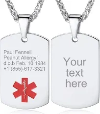 Custom4U Personalized Medical Alert Necklace for Men/Women Custom Made Engraved Emergency Med ID Dog Tag/Heart/Round Pendant Gold/Black/Stainless Steel with Chain 24 Inches