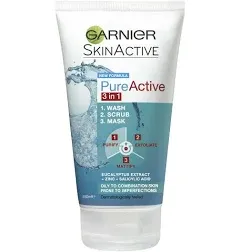 Garnier Pure Active 3in1 Clay Wash Scrub Mask Oily Skin 150ml