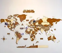 Multilayered 3D Wooden World Map, Travel Map with States and Capitals, Wall D...